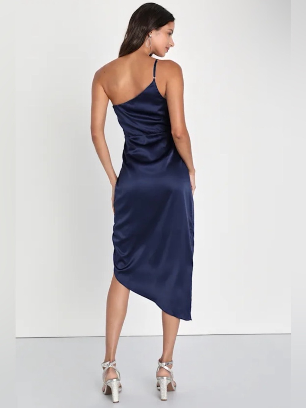 Lulus Law of Attraction Navy Blue One-Shoulder Asymmetrical Midi Dress - Picture 2 of 6